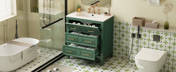 English Elm 30'' Bathroom Vanity with Ceramic Sink, Solid Wood Frame Retro Style Vanity with 3 Drawers & Gold Handles Green N710P246209F