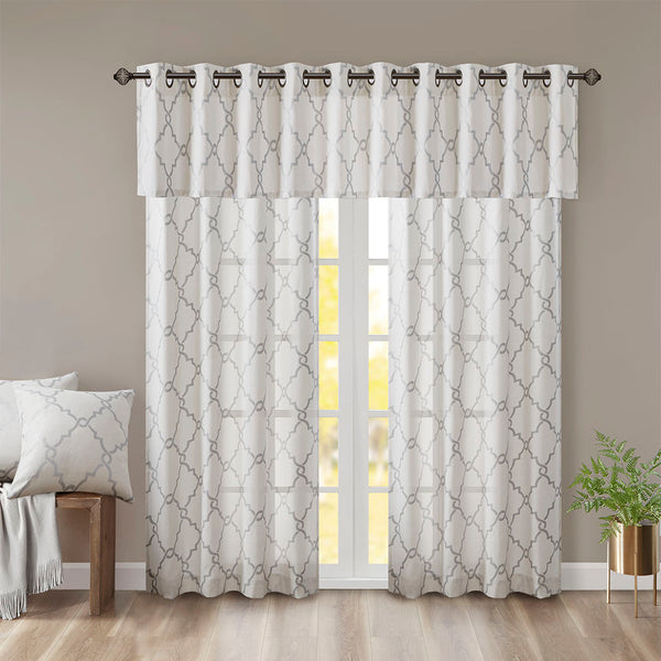 JLA Home Madison Park - Fretwork Metallic Fretwork Print Valance with Grommet Top — Textured Cotton-Blend Light Filter Ivory/Grey MP41-2399