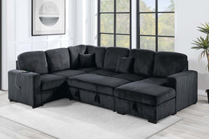 English Elm Modern Corduroy 4-piece Sectional with Storage Pull Out Bed and Usb Charging Port Black B011S02180