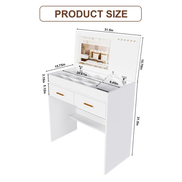 English Elm Flip Top Makeup Vanity Desk with Led Mirror Built-in Outlet and Jewelry Hooks W2699P404630