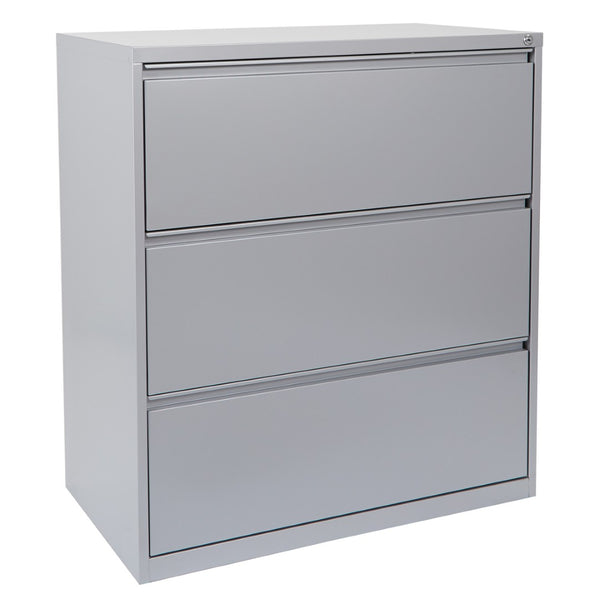 OSP Home Furnishings 36" Steel Lateral File Cabinet with Ball Bearing Drawers Locking Security and Leveling Glides 3 Glides Silver LF336-SV