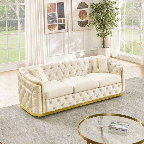 English Elm 84.6 Inch Chesterfield Velvet Tufted Sofa with Gold Steel Trim for Glam Living Rooms Beige W1191S00098
