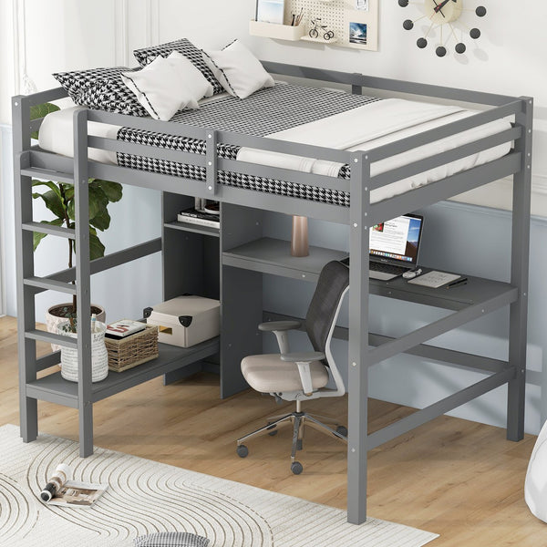 English Elm Full Size Loft Bed With Under-Bed Desk And Stylish Shelves For Space-Saving Bedroom Solutions N7090005004E