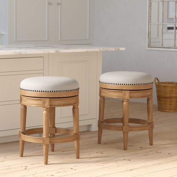 English Elm 26in. Faux Leather Swivel Barstool Nailhead Trim Carved Wood Counter Height Kitchen Oak B2751P436442