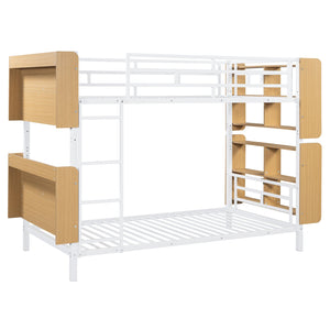 English Elm Twin Metal Bunk Bed with Built-In Headboard Storage and Footboard Shelves, Sturdy Space-Saving Design White SF000176AAK