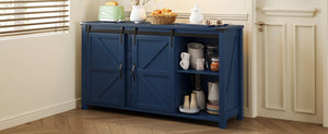 English Elm U-style Farmhouse Sideboard Barn Door Buffet with Drawers Built-in Outlet Dining Navy Blue N711P347377V