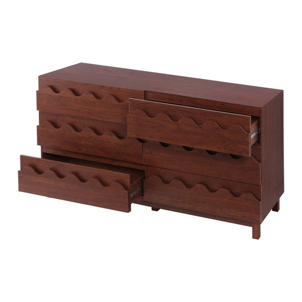 English Elm 60" Wave Front Six Drawer Dresser Sculptural Engineered Wood Media Console for Bedroom Walnut N739S0000011D