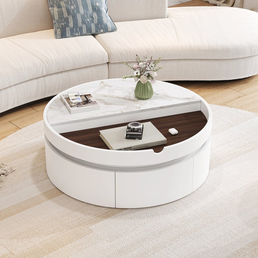 English Elm White Round Lift Coffee Table 29.5" with Marble-Wood Grain Top, Hidden Drawer Storage, Modern Durable Design N735P332429K