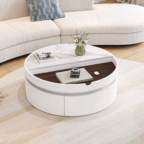 English Elm White Round Lift Coffee Table 29.5" with Marble-Wood Grain Top, Hidden Drawer Storage, Modern Durable Design N735P332429K
