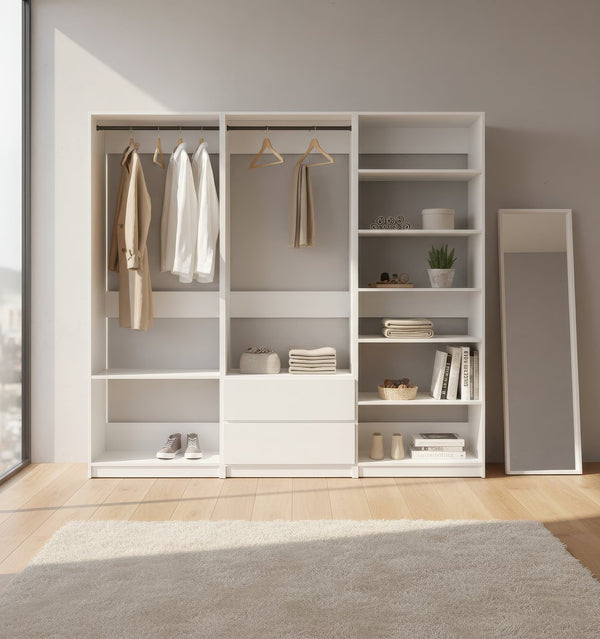 English Elm Prosper Freestanding White Walk-In Wood Closet System – Durable Melamine Oak Finish, Ample Modular Storage B040S00141