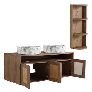 English Elm 48" Floating Bathroom Vanity Oak Finish Dual Ceramic Sinks Soft Close Plywood Cabinet W999S00506
