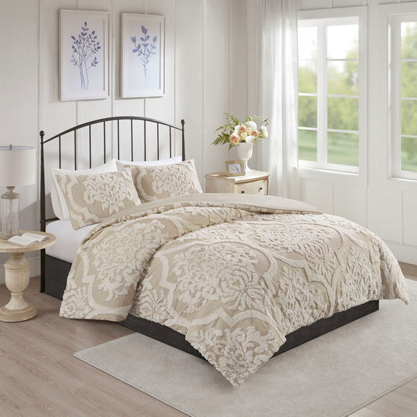English Elm Full/Queen Viola 3-Piece Tufted Cotton Chenille Damask Duvet Cover Set — Cottage Chic, OEKO-TEX Certified Comfort B03597347