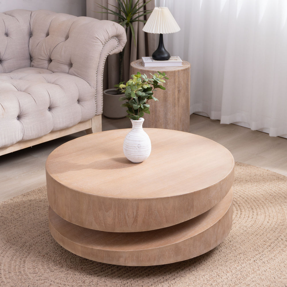 English Elm Modern Round Wood Coffee Table 31.3" Natural Finish Two-Tier Floating Accent Table for Living Room W2729P270755