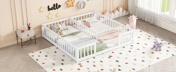 English Elm Double Twin Floor Bed With Safety Guardrails, Space-Saving Design In White For Cozy Shared Sleep W504P143286