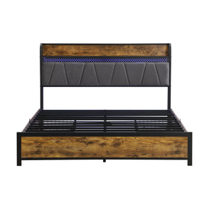 English Elm King Storage Bed Frame with USB Outlets, RGB LED Headboard, 4 Rolling Drawers & Metal Slats, Black Brown Gray W2297P291441