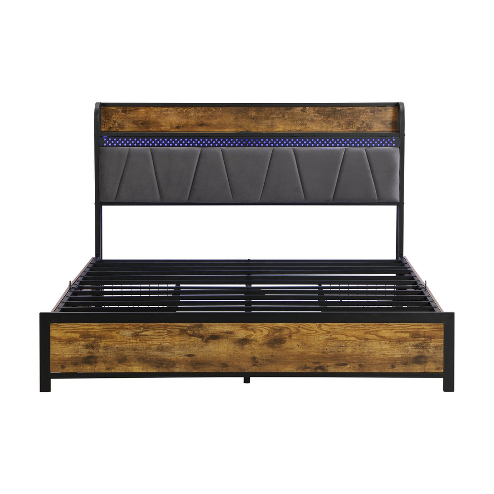 English Elm Queen Storage Bed Frame with Headboard USB Outlets, RGB LED Lights, 4 Rolling Drawers, Sturdy Metal Slats W2297P218132