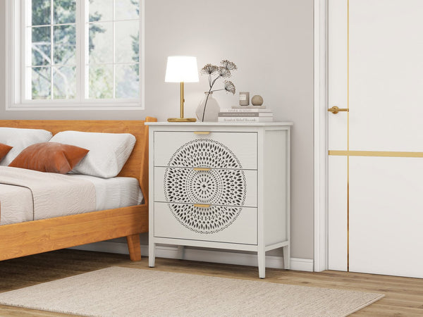 English Elm 3 Drawer Cabinet with Hollow Carved Accents, Solid Pine Feet, Gold Handles & Smooth Metal Slides — Elegant Storage for Entryway Bedroom Living Room Beige W688138992