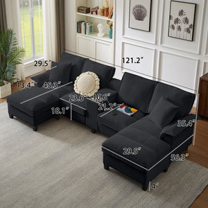 English Elm 120" Modular Corduroy Sectional Sofa Bed with Storage, U-Shaped 4-Seater, Cup Holders & Console Black W1359S00013
