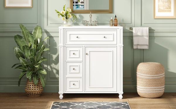 English Elm Bathroom Vanity with Sink French-Inspired 30" Ceramic Basin Vanity Cabinet with Soft-Close Doors & Drawer Organizer White N710P286723K