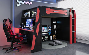 English Elm Full Size Wood Loft Bed with Rgb Lighting Desk Storage and Gaming Console Shelf Red LT000260AAR