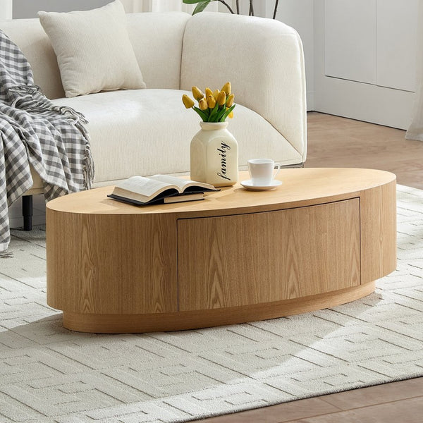 English Elm Modern Oval Mdf Coffee Table with Drawer Natural Matte Finish for Living Rooms W2085P398986