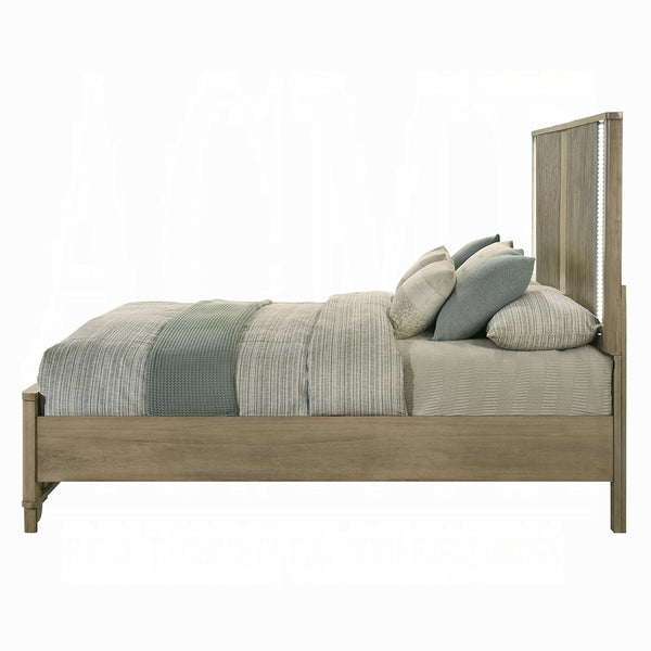 English Elm 1pc Transitional Queen Bed with Reeded Panels and Built-In LED Headboard in Antique Finish, Solid Wood Oak 66 L x 37 W x 7 H B2741S00744