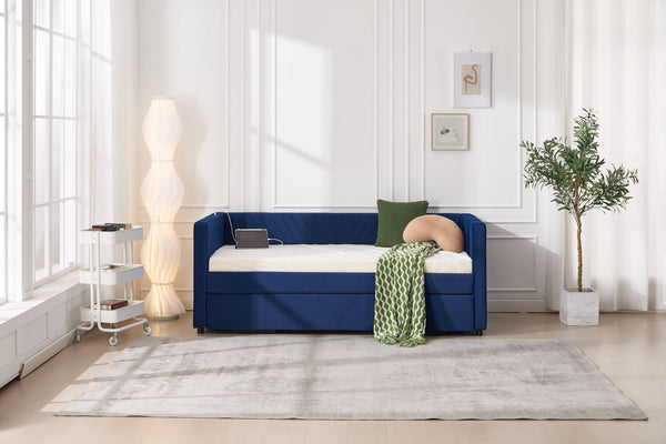 English Elm Twin Velvet Upholstered Daybed with Trundle, V-Pattern Backrest, USB Port, Side Pockets, Sturdy Design Navy W1361S00044