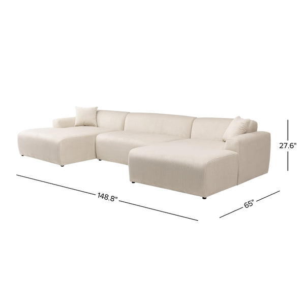 English Elm Ashcroft Furniture - Mar U-Shape Corduroy Sofa Cream — Mid-Century Modern Sectional, High-Density Foam Comfort, Spacious B183S00123