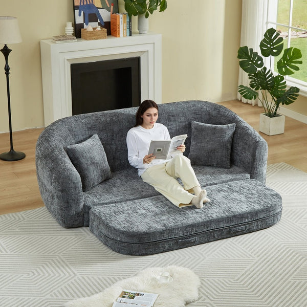 English Elm 87-inch Curved Chenille Convertible Sofa Recliner Bed with Pull-out Base for Living Room Grey W3505P452805