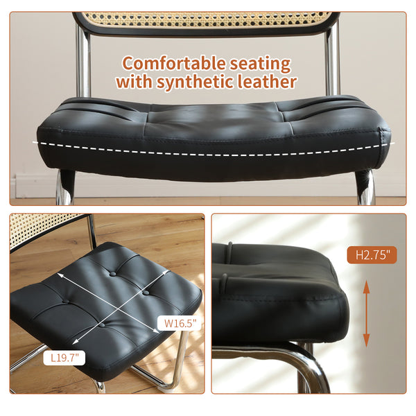 English Elm Dining Mid-Century Cantilever Chairs Set of 2 with Chrome Frame, Rattan Back and Faux Leather Seat Black W2105P230510