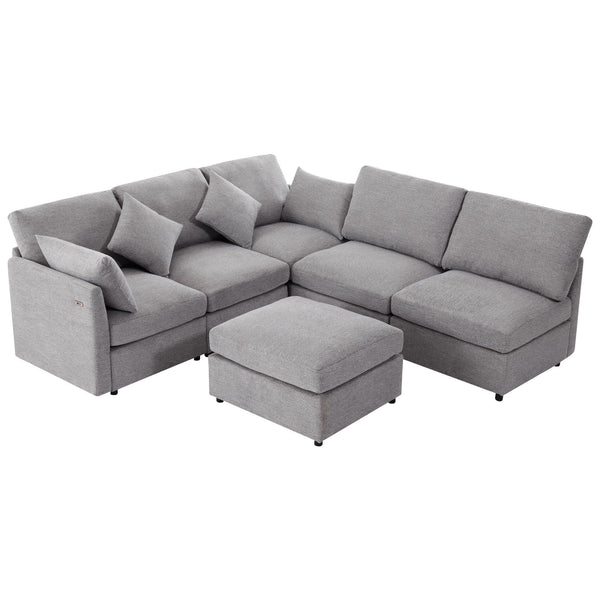 English Elm 86.6" Sectional Sofa Modular U-Shape Convertible Sofa Bed with Movable Ottoman, USB Ports & Chenille Comfort LIGHT GREY N719S002130R