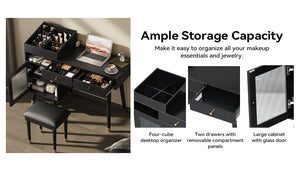 English Elm Modern Makeup Vanity Desk with Reeded Glass Door, 4-Compartment Cubby, Charging Port & Stool Comfortable Craftsmanship for Compact Spaces Black N844P285187B