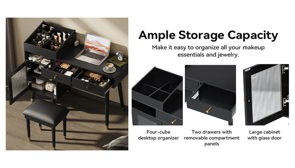 English Elm Modern Makeup Vanity Desk with Reeded Glass Door, 4-Compartment Cubby, Charging Port & Stool Comfortable Craftsmanship for Compact Spaces Black N844P285187B