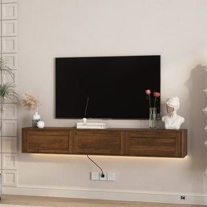English Elm Floating Wall Mounted Tv Shelf with Led Backlight Gloss Cabinet and Built in Power Strip Wood W1321P391261