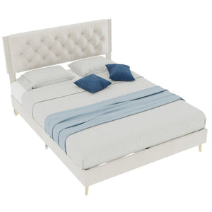 English Elm Suede Tufted Platform Bed Full Size Upholstered Headboard for Restful Bedroom Retreat Beige W1935P361000
