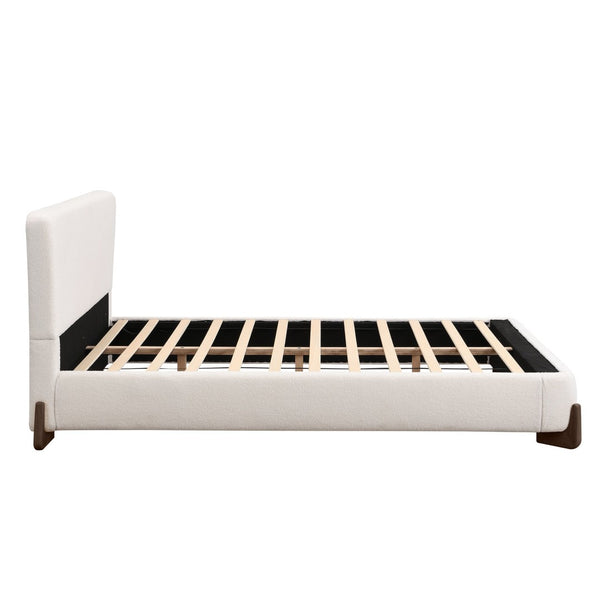 English Elm Elegant Boucle Platform Bed White Upholstered King with Dark Brown Wood Legs N769P228000K