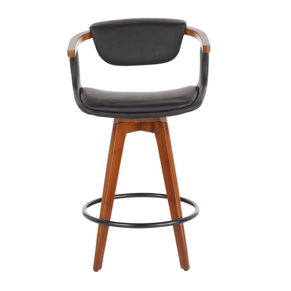 English Elm Oracle Mid-Century Counter Stool with Walnut Bamboo Frame, Faux Leather Upholstery, 360° Swivel Black B202P222092