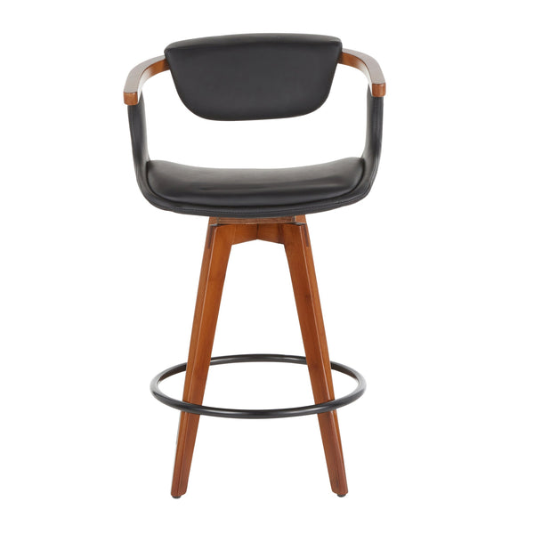 English Elm Oracle Mid-Century Counter Stool with Walnut Bamboo Frame, Faux Leather Upholstery, 360° Swivel Black B202P222092