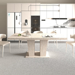 English Elm Rectangular extendable dining table with veined travertine top, beige MDF, sturdy wide feet, 6-10 seats W1347S00018