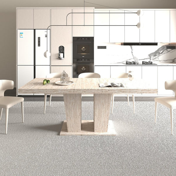 English Elm Rectangular extendable dining table with veined travertine top, beige MDF, sturdy wide feet, 6-10 seats W1347S00018