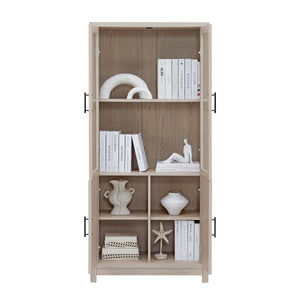 English Elm Jodie Elegant 31" Bookcase Cabinet with 6 Adjustable Shelves, Glass Display Doors & Metal Handles Oak B365P397896