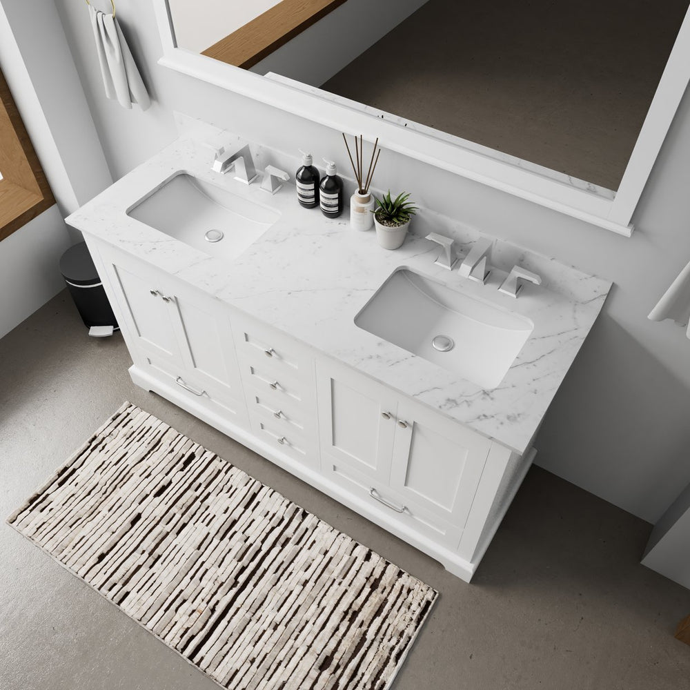 English Elm White Double Bath Vanity 60 in with Carrara Marble Top, Chrome Faucets, Soft-Close Drawers & Ample Storage B2731P258369
