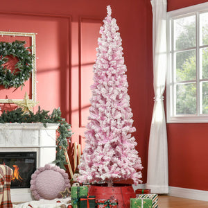 English Elm Homcom 7.5' Tall Slim Pencil Pink Snow Flocked Christmas Tree - Realistic Pine, Easy Setup & Customizable W2225P229660