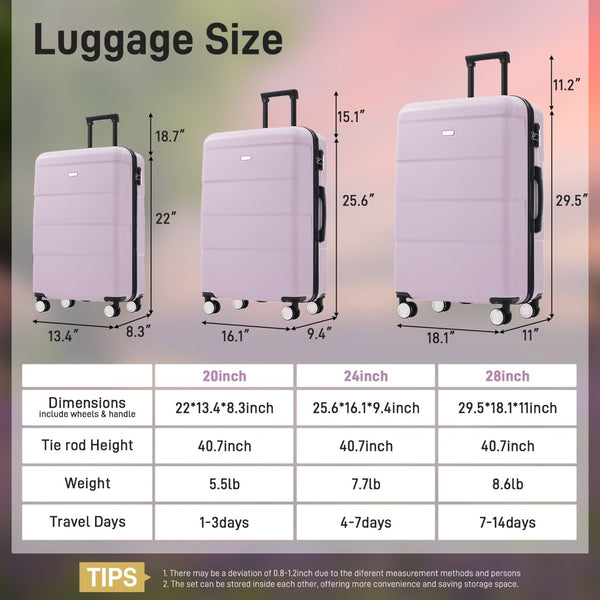 English Elm Hardshell 3 Piece Luggage Set Abs Spinner Suitcase with Tsa Lock Telescoping Handle Pink Purple N732P308497I