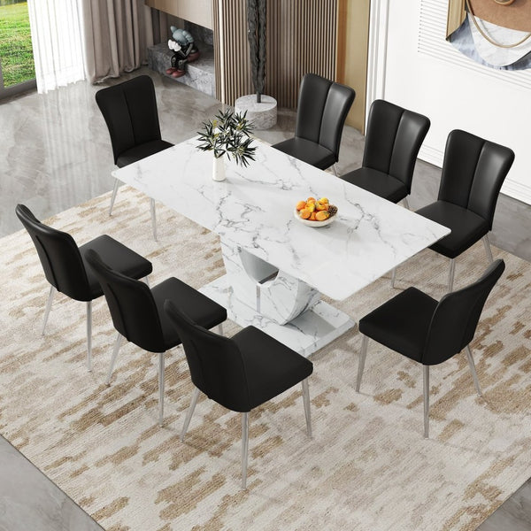 English Elm Table Modern Marble Pattern Dining Set - 71"X35.4" Tempered Glass Table With 8 Stylish Black Chairs W1151S02126-GIGA