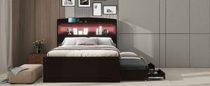 English Elm Twin XL Platform Bed with LED Headboard, Built-In Charging Station, Trundle & 2 Drawers for Space-Saving Bedrooms Dark Brown GX001829AAP