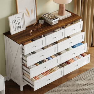 English Elm Wood Rustic Storage Dresser with 9 Drawers, Silver Handles and X Side Accents for Stylish Storage White N709P288888K