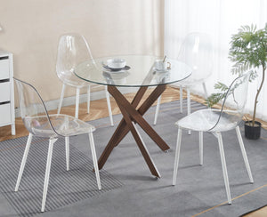 English Elm Dining Table Square Tempered Glass Top Cross Metal Base Modern Space Saving Design W234P271488