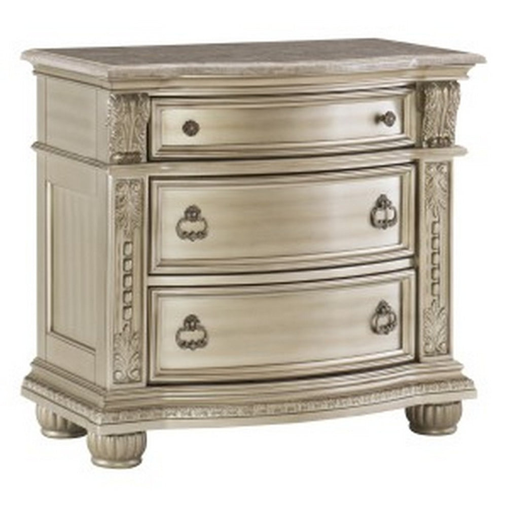 English Elm Caitlin Marble Top Nightstand with Hand Carved Leaf Detail and Silver Hardware B056P416825