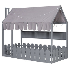 English Elm {slats Are Not Included} Twin Montessori House Floor Bed Kids Tent Lights Shelves Pinewood Frame Gray N708P407962E